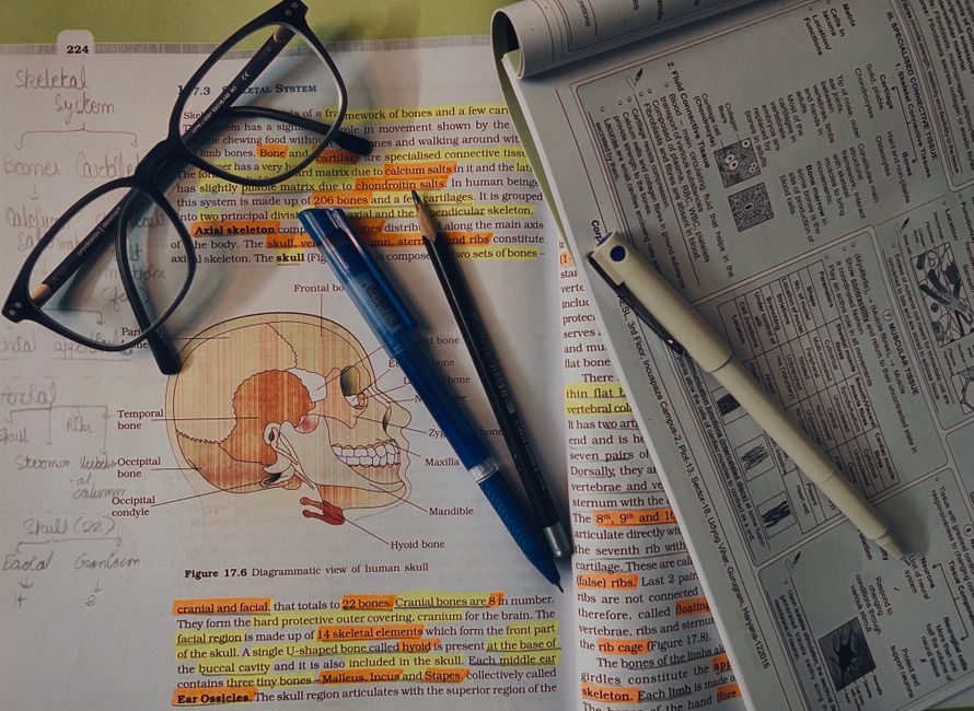 A highlighted biology textbook with pens and glasses